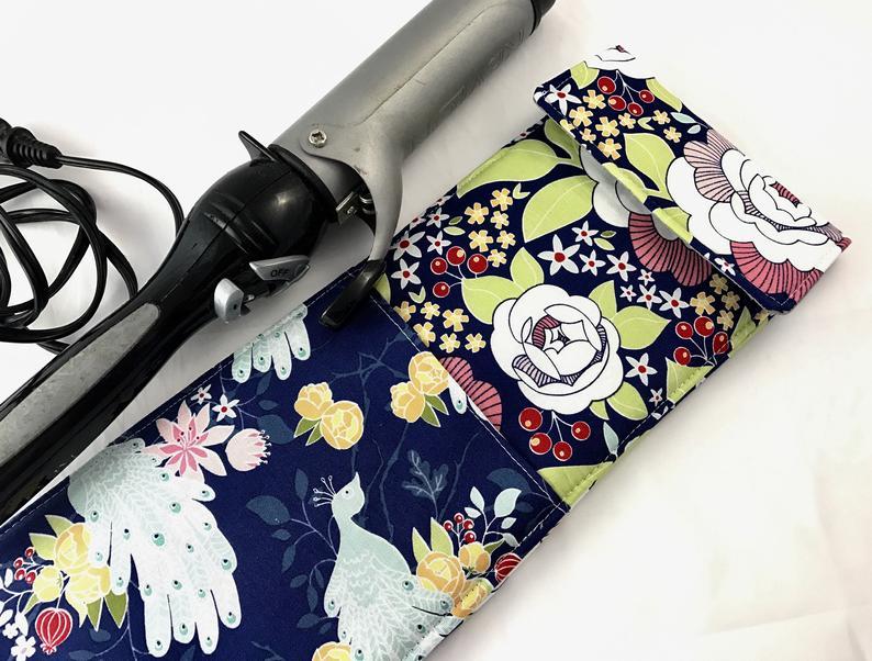 Blue Curling Iron Holder, Floral Flat Iron Bag, Travel Curling Wand Case - EcoHip Custom Designs
