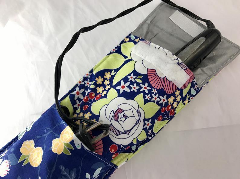 Blue Curling Iron Holder, Floral Flat Iron Bag, Travel Curling Wand Case - EcoHip Custom Designs