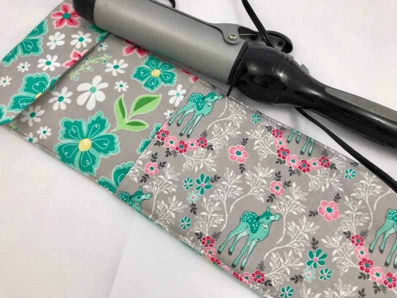 Deer Curling Iron Holder, Travel Flat Iron Cover, Curling Wand Case, Floral, Teal - EcoHip Custom Designs