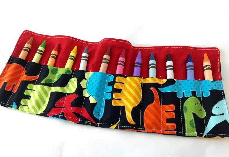 Dinosaur Crayon Roll, Toddler Travel Toy, Boy's Crayon Case, Crayon Wallet - EcoHip Custom Designs