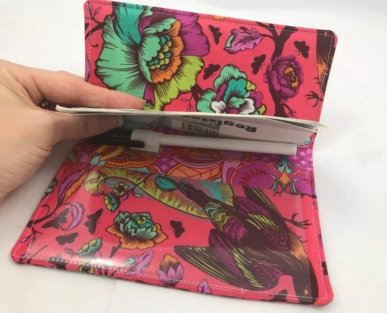 Duplicate Checkbook Cover,  Fabric Check Book Register, Pen Holder, Red Birds - EcoHip Custom Designs