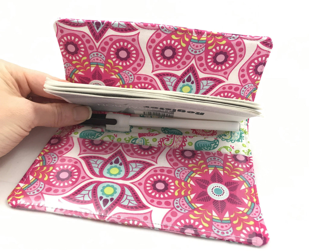 Duplicate Checkbook Cover, Pink Fabric Check Book, Pen Holder, Purse Organizer - EcoHip Custom Designs