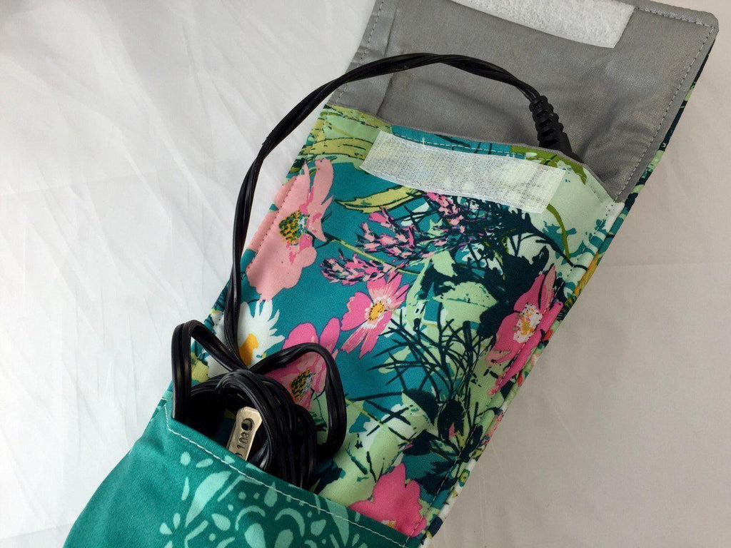 Green  Curling Iron Case, Travel Flat Iron Case, Travel Curling Wand Bag, Floral - EcoHip Custom Designs