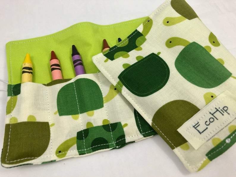 Green Turtle Crayon Roll, Creative Travel Toy, Kid's Crayon Case, Toddler Birthday - EcoHip Custom Designs