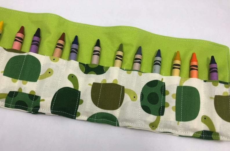 Green Turtle Crayon Roll, Creative Travel Toy, Kid's Crayon Case, Toddler Birthday - EcoHip Custom Designs
