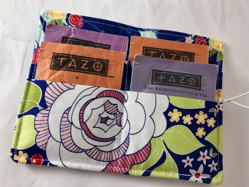 Blue Floral Tea Bag Wallet, Travel Teabag Case, Business Card Holder, White - EcoHip Custom Designs