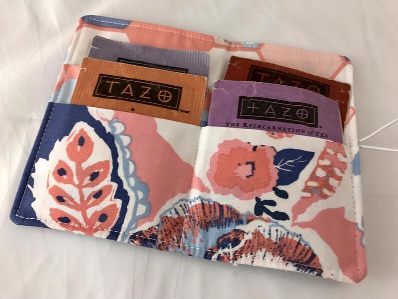 Pink, Blue Floral, Tea Wallet, Travel Teabag Holder, Tea Drinker Gift - EcoHip Custom Designs