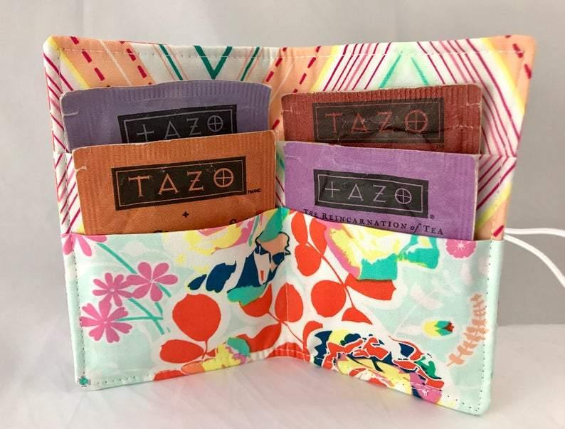 Blue Spring Floral, Travel Tea Bag Holder, Business Card Wallet, Tea Drinker Gift - EcoHip Custom Designs