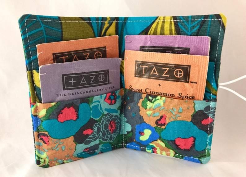Blue Peonies, Travel Tea Wallet, Tea Bag Cozy, Green Gift Card Case - EcoHip Custom Designs