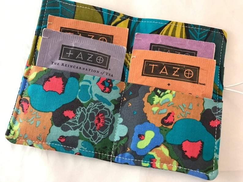 Blue Peonies, Travel Tea Wallet, Tea Bag Cozy, Green Gift Card Case - EcoHip Custom Designs