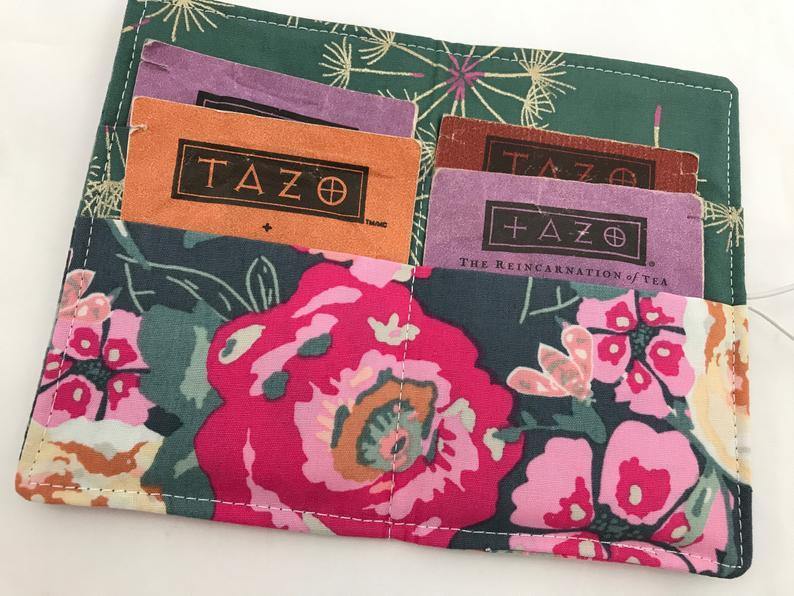 Pink Flower Garden, Tea Bag Holder for Purse, Travel Teabag Case, Small Wallet - EcoHip Custom Designs