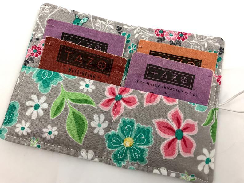 Gray Floral Teabag Wallet, Travel Tea Bag Case, Small Women's Wallet - EcoHip Custom Designs