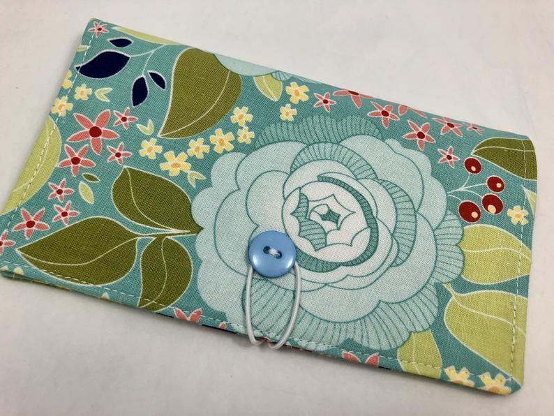 Teal Floral Duplicate Checkbook Cover, Pen Holder, Fabric Check Book Wallet - EcoHip Custom Designs