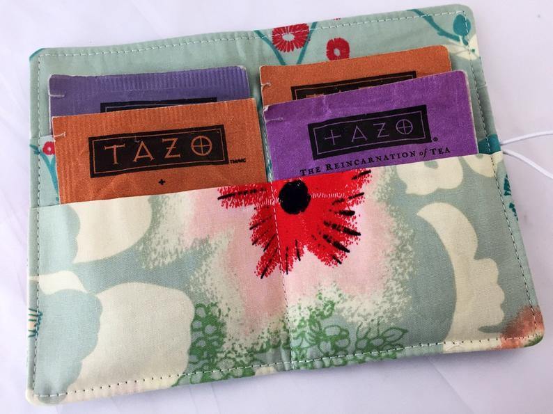 Red Blooms, Travel Tea Bags for Purse, Teabag Cozy, Tea Wallet, Blue - EcoHip Custom Designs