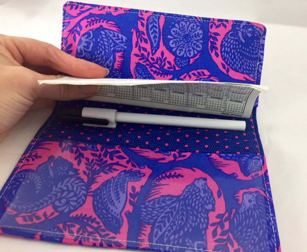 Blue Checkbook Cover, Animal Duplicate Check Holder, Pen Holder, Bear, Raccoon - EcoHip Custom Designs