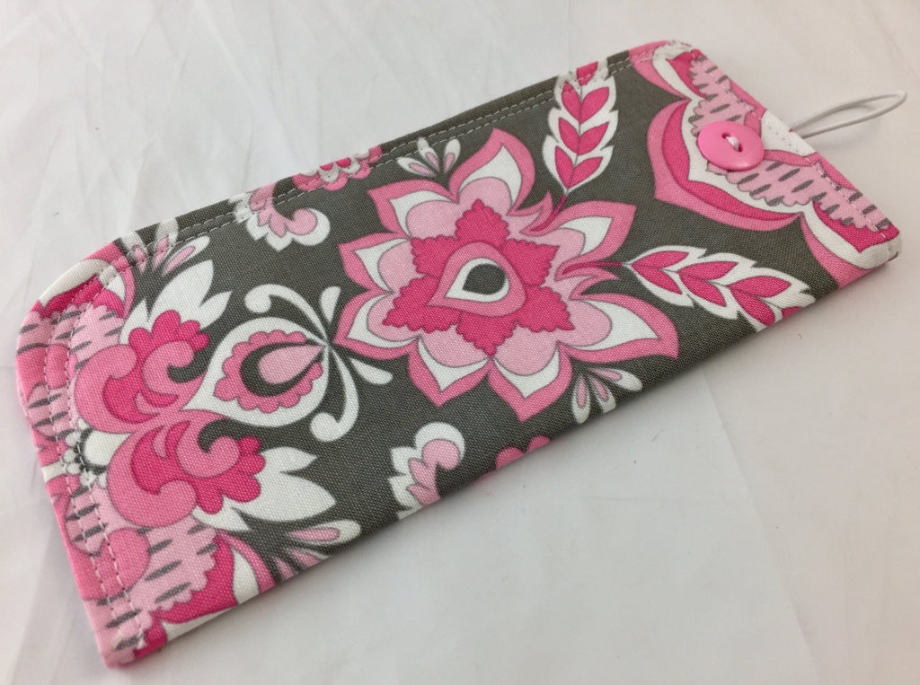 Pink Damask Sunglass Pouch, Gray Eye Glasses Cozy, Soft Padded Eyeglass Cover - EcoHip Custom Designs