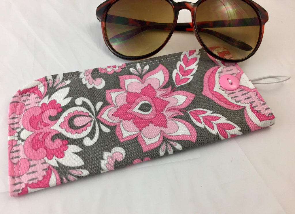 Pink Damask Sunglass Pouch, Gray Eye Glasses Cozy, Soft Padded Eyeglass Cover - EcoHip Custom Designs