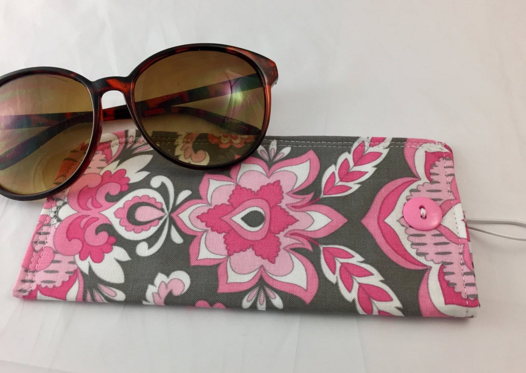 Pink Damask Sunglass Pouch, Gray Eye Glasses Cozy, Soft Padded Eyeglass Cover - EcoHip Custom Designs