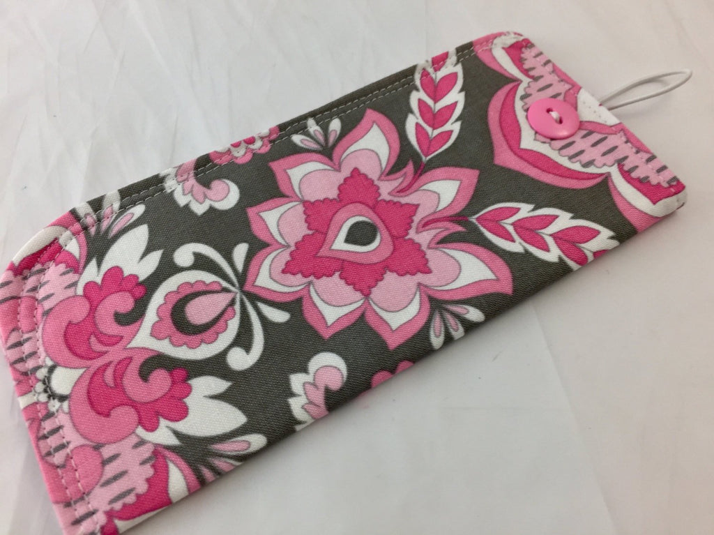 Pink Damask Sunglass Pouch, Gray Eye Glasses Cozy, Soft Padded Eyeglass Cover - EcoHip Custom Designs