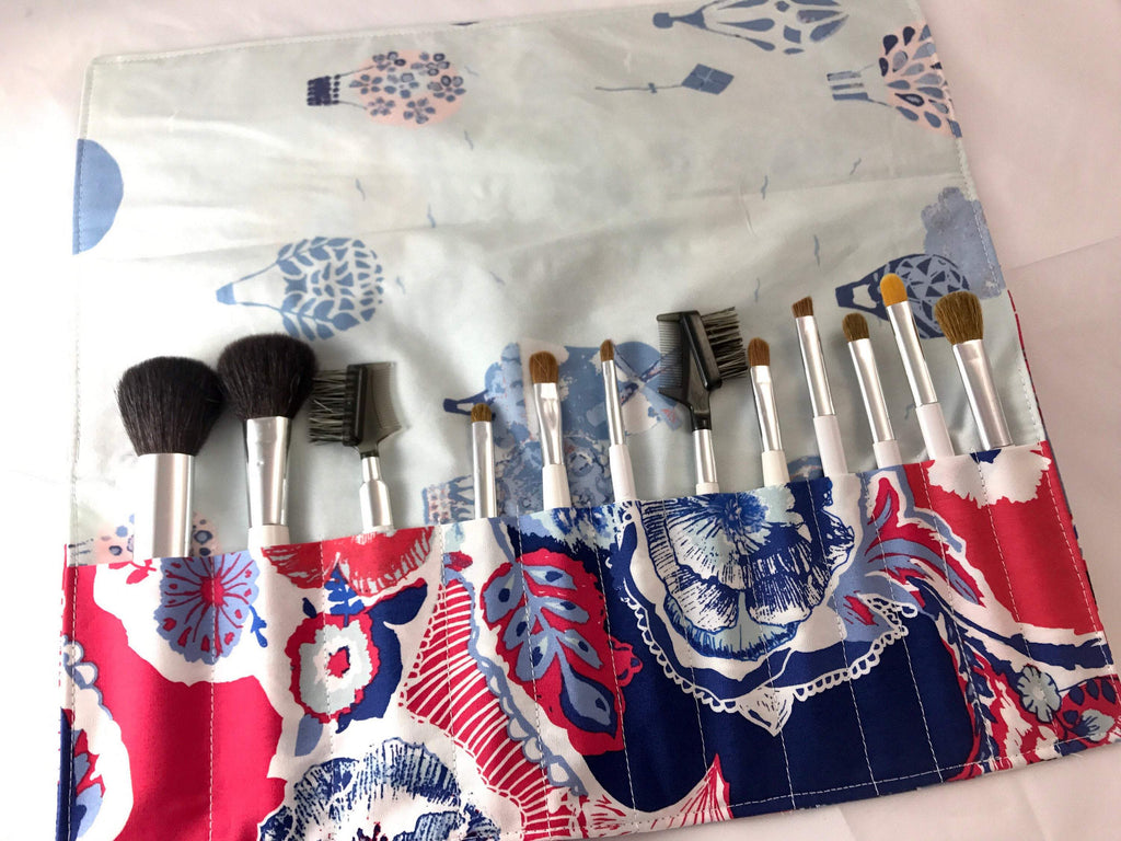 Red Makeup Brush Roll, Dark Blue Makeup Brush Holder, Travel Bag - EcoHip Custom Designs