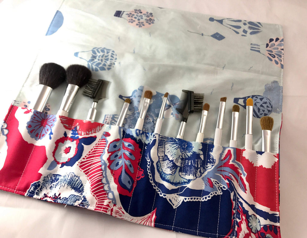 Red Makeup Brush Roll, Dark Blue Makeup Brush Holder, Travel Bag - EcoHip Custom Designs