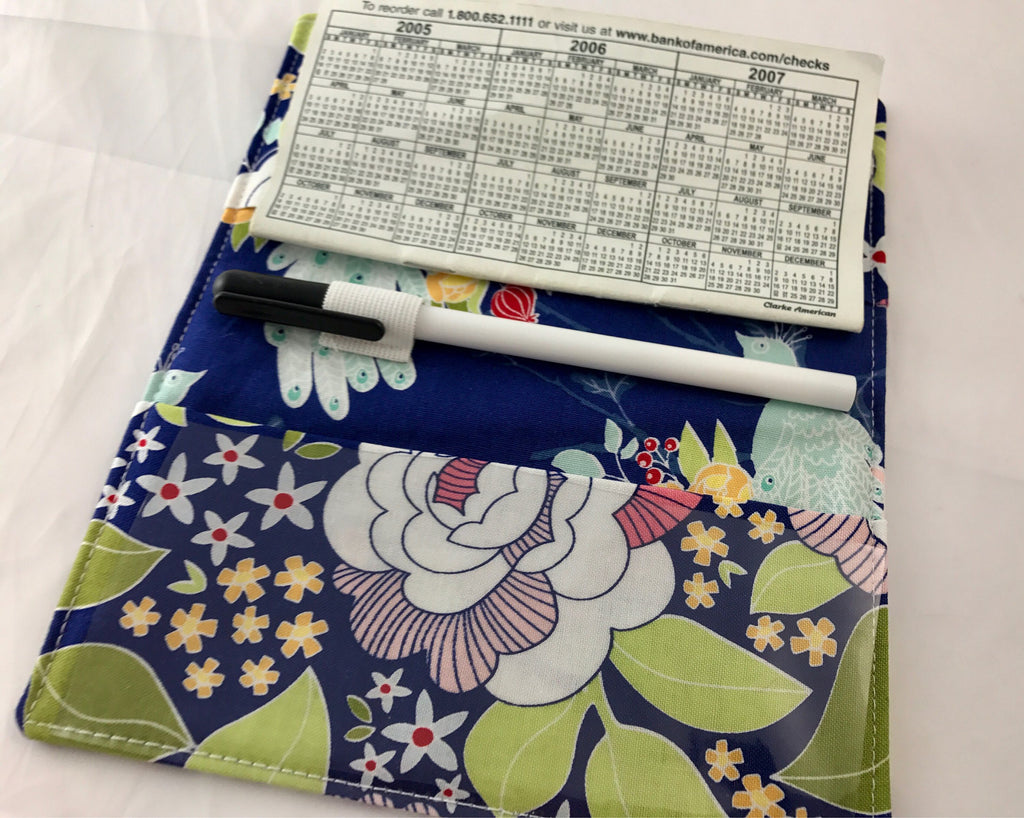 Navy Blue Checkbook Cover, Duplicate Check Book Register, Pen Holder, Floral - EcoHip Custom Designs
