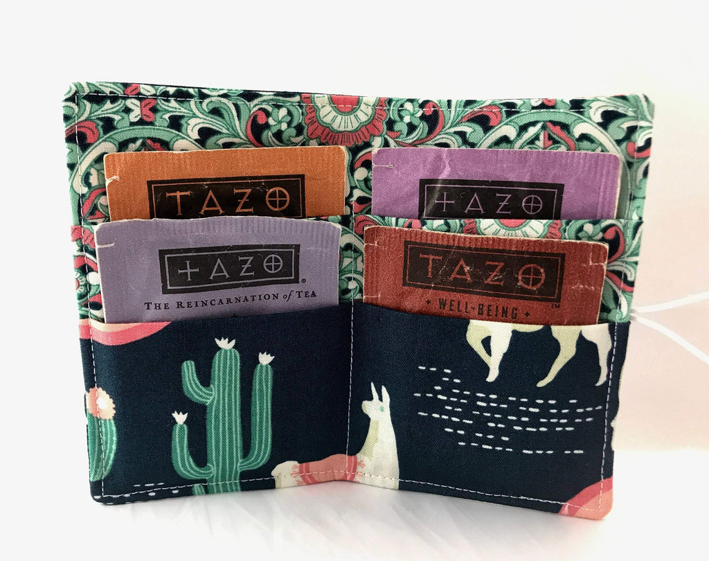 Green Llamas, Teabag Wallet, Tea Drinker Gift, Gift Card Case - EcoHip Custom Designs