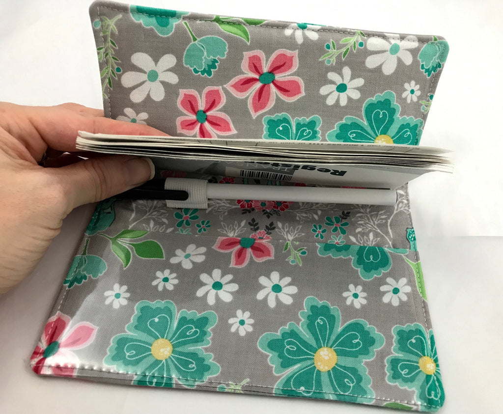 Gray Floral Checkbook Cover, Teal Duplicate Check Book Wallet, Pen Holder, Vinyl Flap - EcoHip Custom Designs