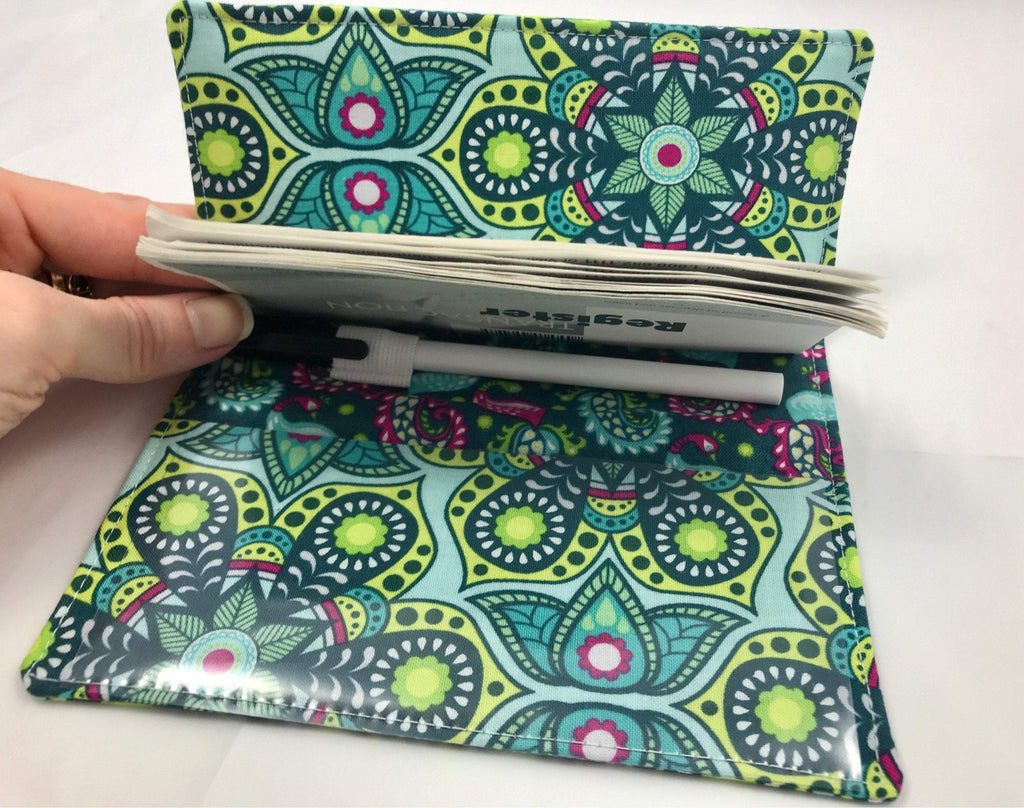 Dark Green Checkbook Cover, Teal Duplicate Check Book Register, Pen Holder, Flap - EcoHip Custom Designs