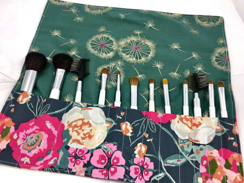 Pink Makeup Brush Roll, Dandelion Make Up Brush Case, Travel Green Pouch - EcoHip Custom Designs