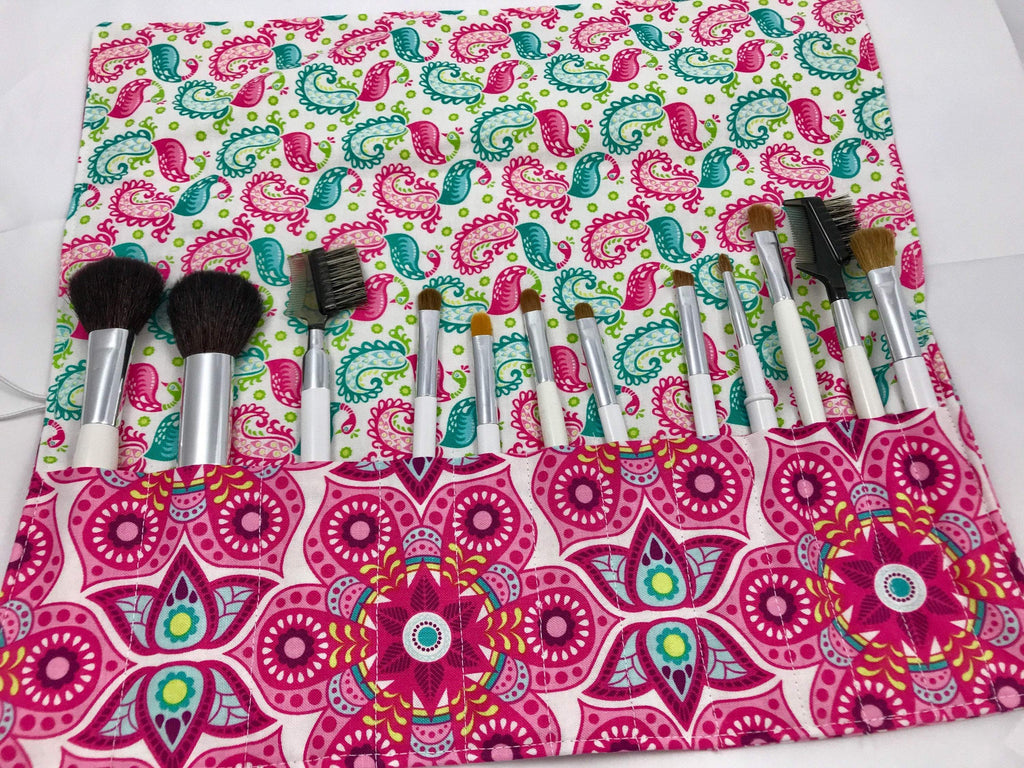 Pink Make Up Brush Holder, Paisley Cosmetic Brush Case, Paint Brush Roll - EcoHip Custom Designs