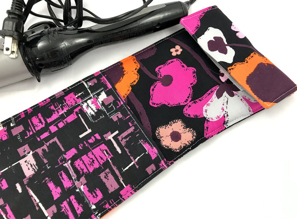 Pink Hair Straightener Holder, Black Curling Wand Case, Travel Curling Iron Bag - EcoHip Custom Designs