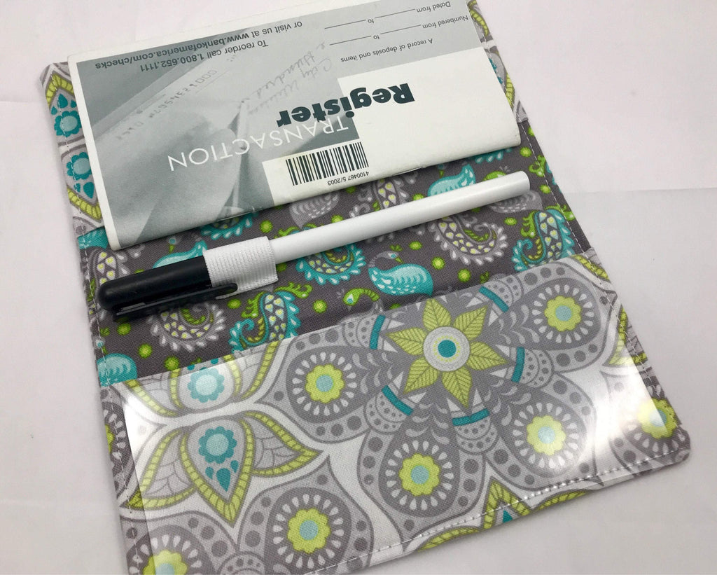 Gray Duplicate Checkbook, Paisley Checkbook Wallet, Pen Holder - EcoHip Custom Designs