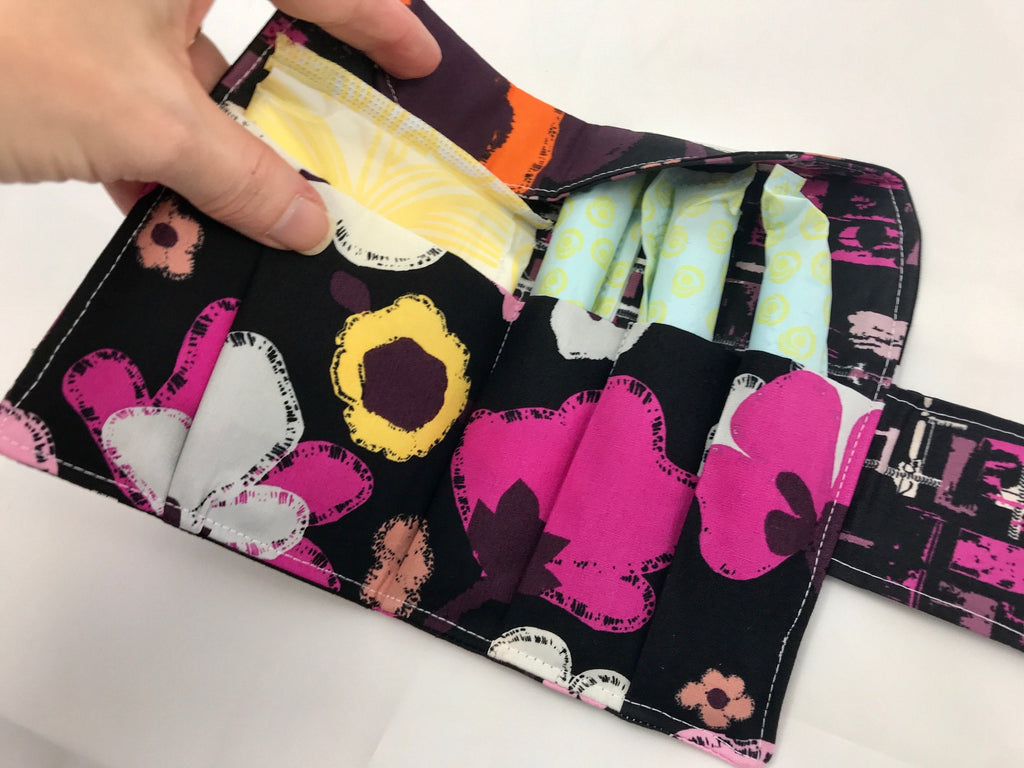 Black Privacy Pouch, Magenta Floral Tampon and Sanitary Pad Wallet Holder - EcoHip Custom Designs