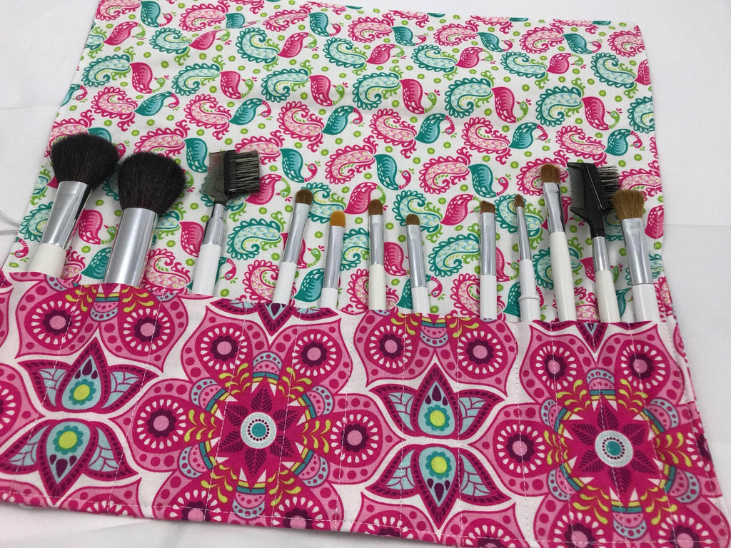 Pink Make Up Brush Holder, Paisley Cosmetic Brush Case, Paint Brush Roll - EcoHip Custom Designs