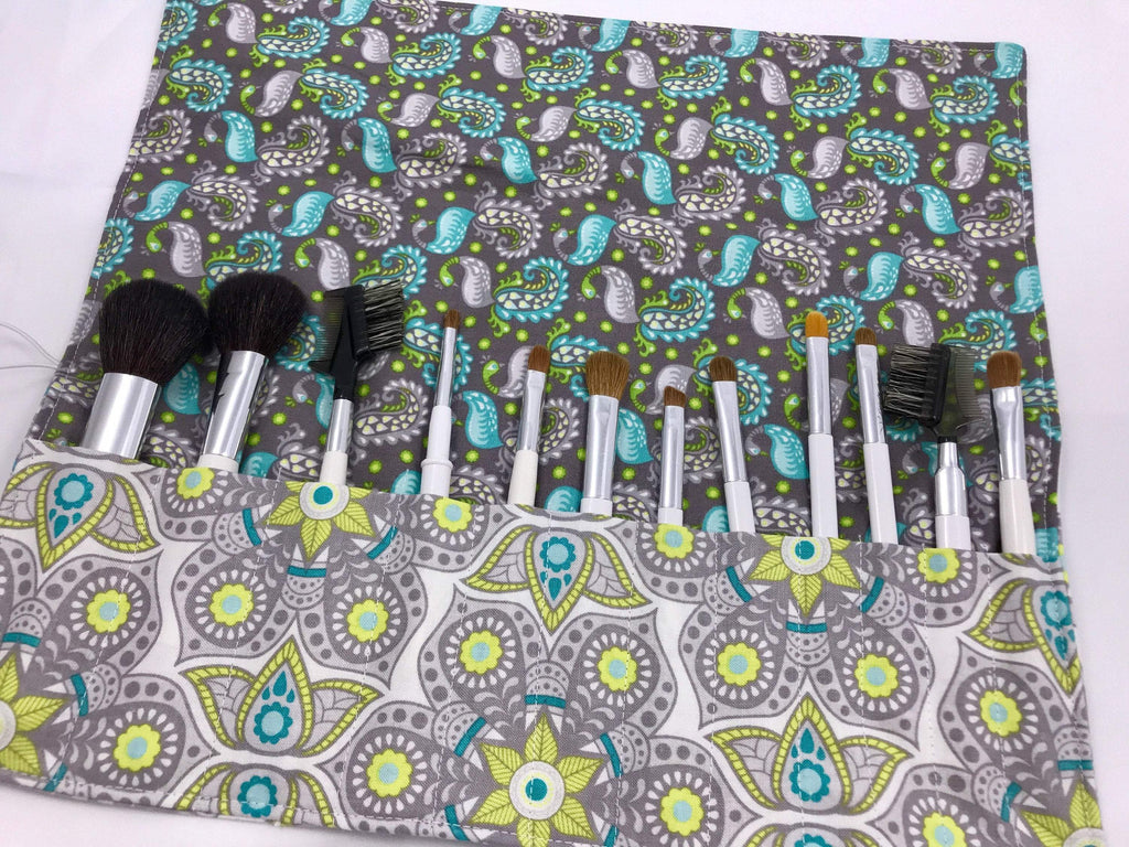 Paisley Makeup Brush Holder, Gray Make Up Brush Organizer, Travel Case - EcoHip Custom Designs