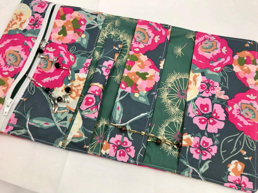 Floral Travel Jewelry Box, Green Overnight Jewelry Roll, Pink - EcoHip Custom Designs