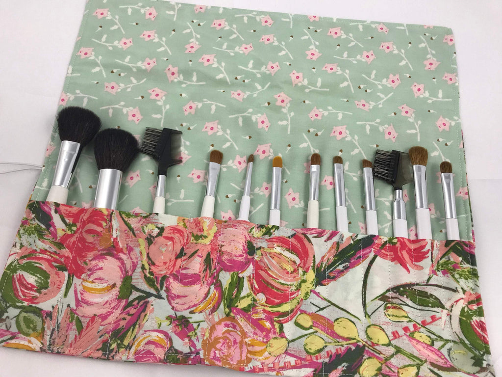 Pink Makeup Brush Roll, Green Make Up Brush Case, Travel Brush Holder - EcoHip Custom Designs