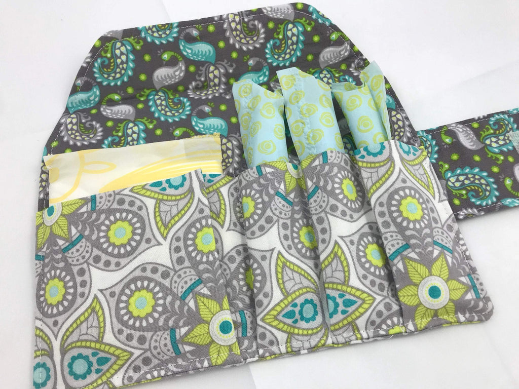 Gray Tampon and Pad Holder,  Women's Privacy Pouch, Paisley Feminine Products - EcoHip Custom Designs