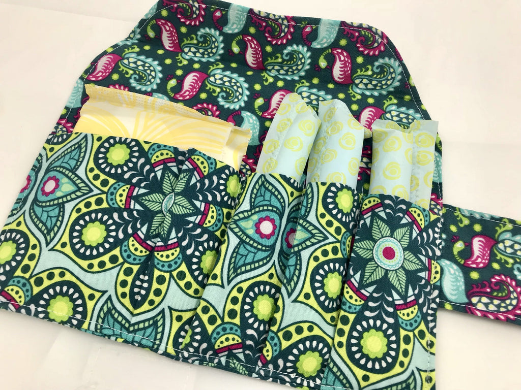 Green Privacy Pouch, Paisley Sanitary Pad Holder, Tampon Wallet - EcoHip Custom Designs