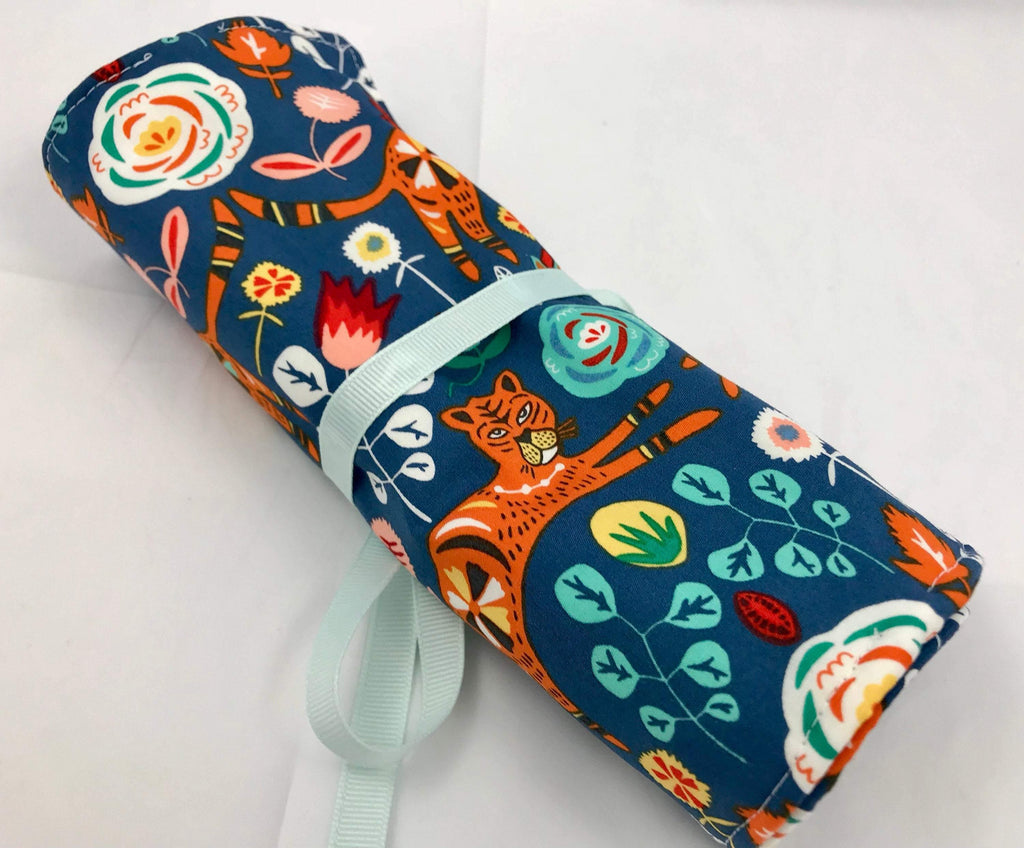 Tiger Jewelry Roll, Blue Travel Jewelry Case, Ring Holder, Soft Fabric Jewelry Bag - EcoHip Custom Designs
