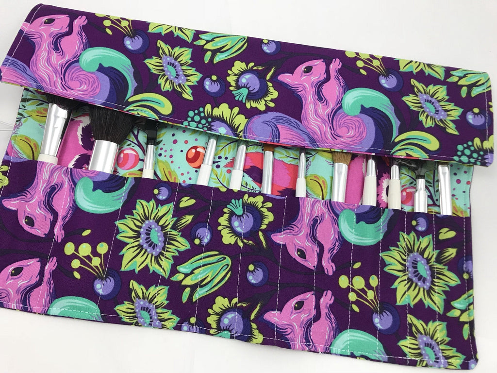 Squirrel Makeup Brush Roll, Raccoon Cosmetic Brush Case, Purple, Green - EcoHip Custom Designs