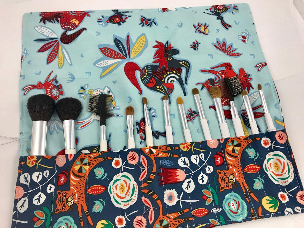 Tiger Makeup Brush Holder, Blue Cosmetic Brush Roll Up Case - EcoHip Custom Designs