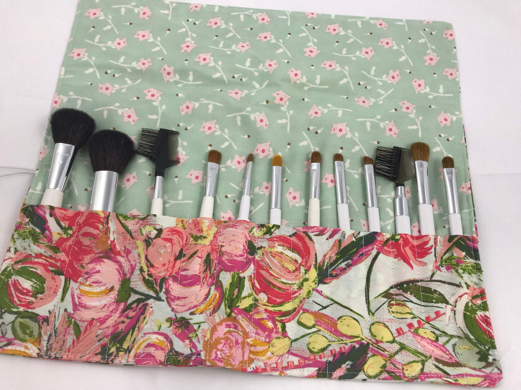 Pink Makeup Brush Roll, Green Make Up Brush Case, Travel Brush Holder - EcoHip Custom Designs