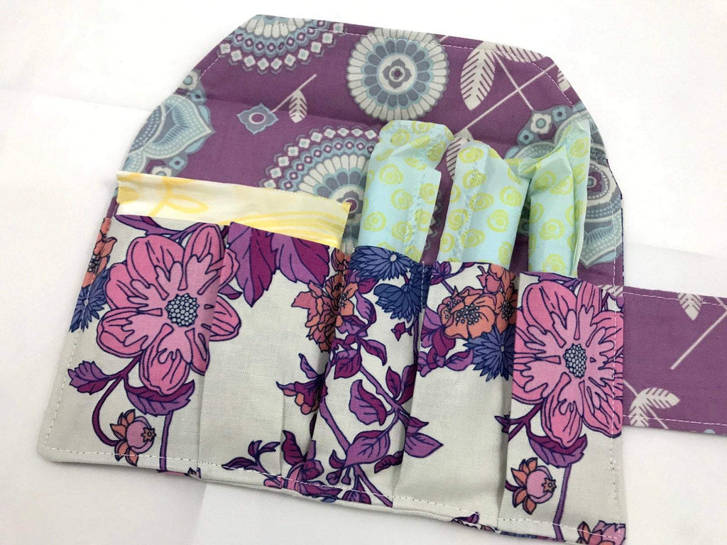 Purple Sanitary Pad Holder, Floral Tampon Wallet, Berry Feminine Products Bag - EcoHip Custom Designs