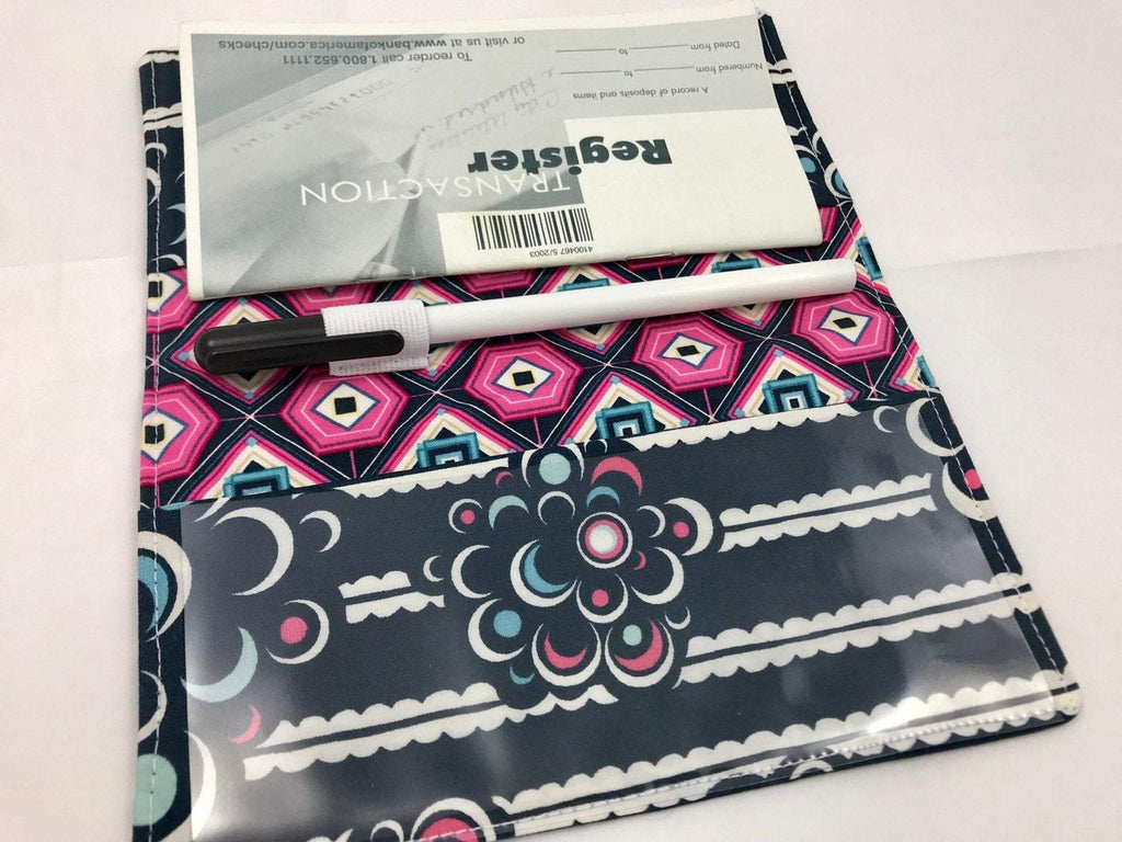 Striped Duplicate Checkbook Cover, Pink Check Book Wallet, Pen Holder, Black and White - EcoHip Custom Designs