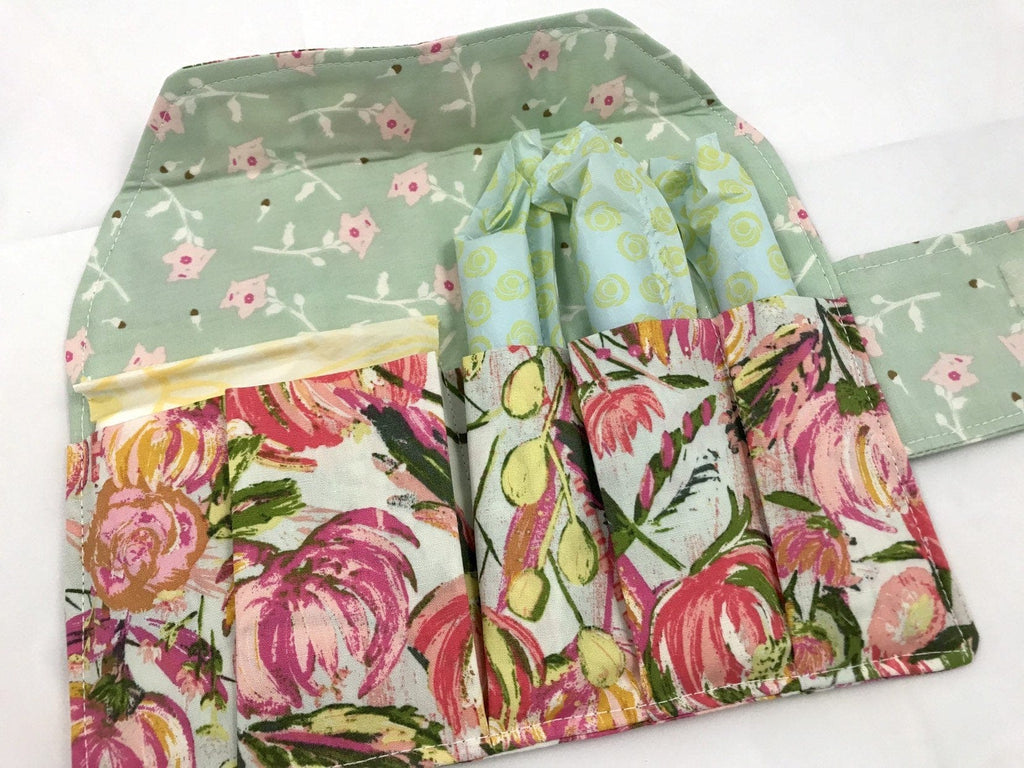Pink Tampon Case, Green Floral Sanitary Pad Pouch, Time of the Month Holder - EcoHip Custom Designs