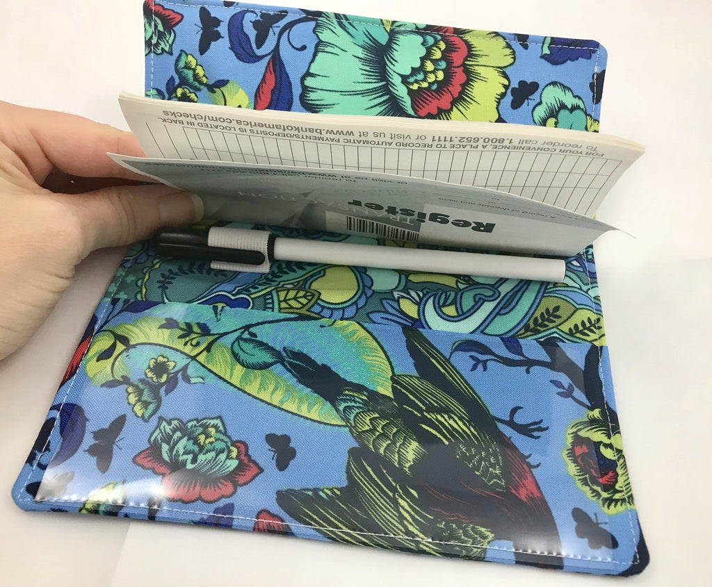 Blue Checkbook Cover, Floral Duplicate Check Book Register, Pen Holder, Top-Tear - EcoHip Custom Designs