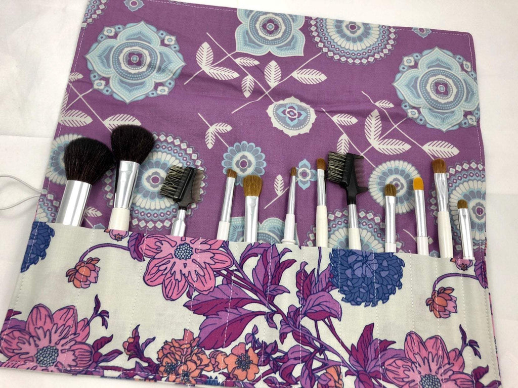 Purple Floral Makeup Brush Roll, Travel Make Up Brush Pouch, Paint Brush Organizer - EcoHip Custom Designs