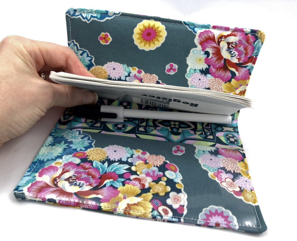 Gray Checkbook Cover, Teal Floral Duplicate Check Book, Pen Holder - EcoHip Custom Designs